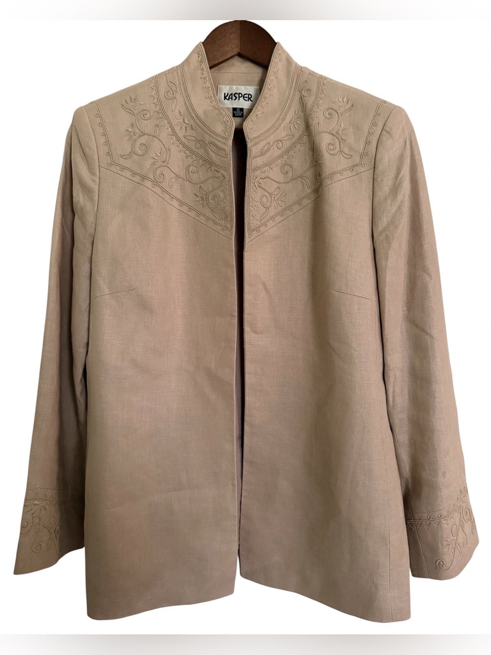 Kasper Women's Tan Embroidered Open-Front Blazer, Size 12